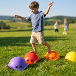 MOLUK Bilibo spin and balance toy, used as stepping stones